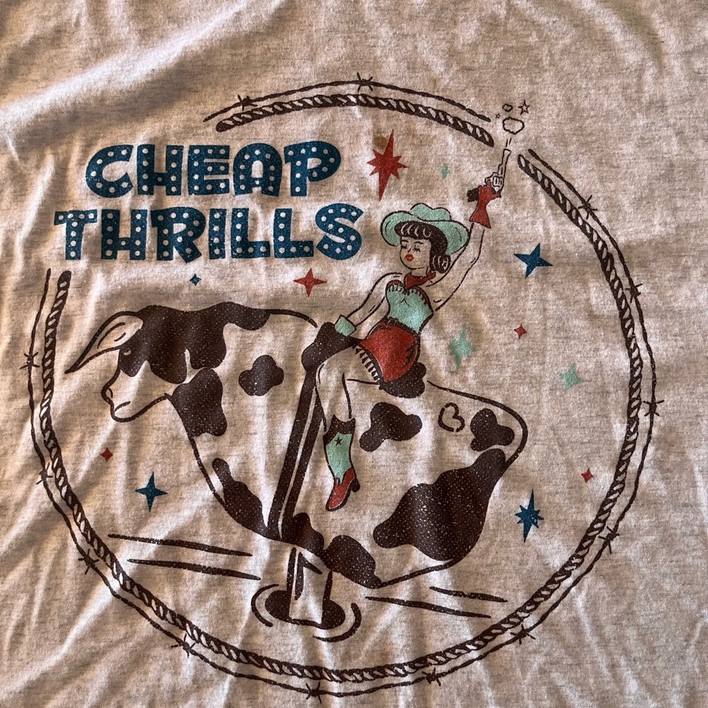 Cheap Thrills Graphic Cowgirl Tee - Cream with Teal & Red Artwork